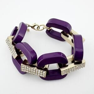 Banana Republic Purple Wooden Link Bracelet with Rhinestone Accents‎ Gold Tone